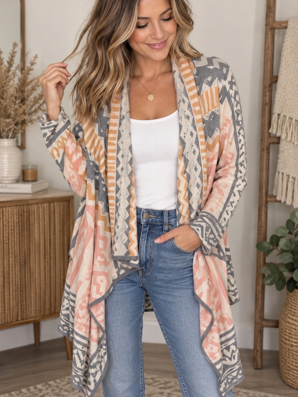 Ellison Geometric Aztec Open Front Waterfall Cardigan Sweater Size Medium